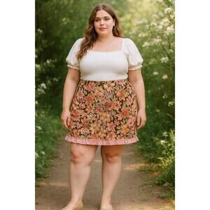 Cato Floral Mini Skirt Brown Pink Ruffle Hem Cotton Blend Size 18 Fairy Cottage